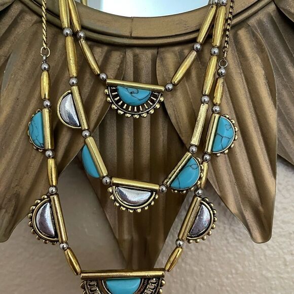 Gold Tone Turquoise Three Tiered Necklace - Picture 5 of 13